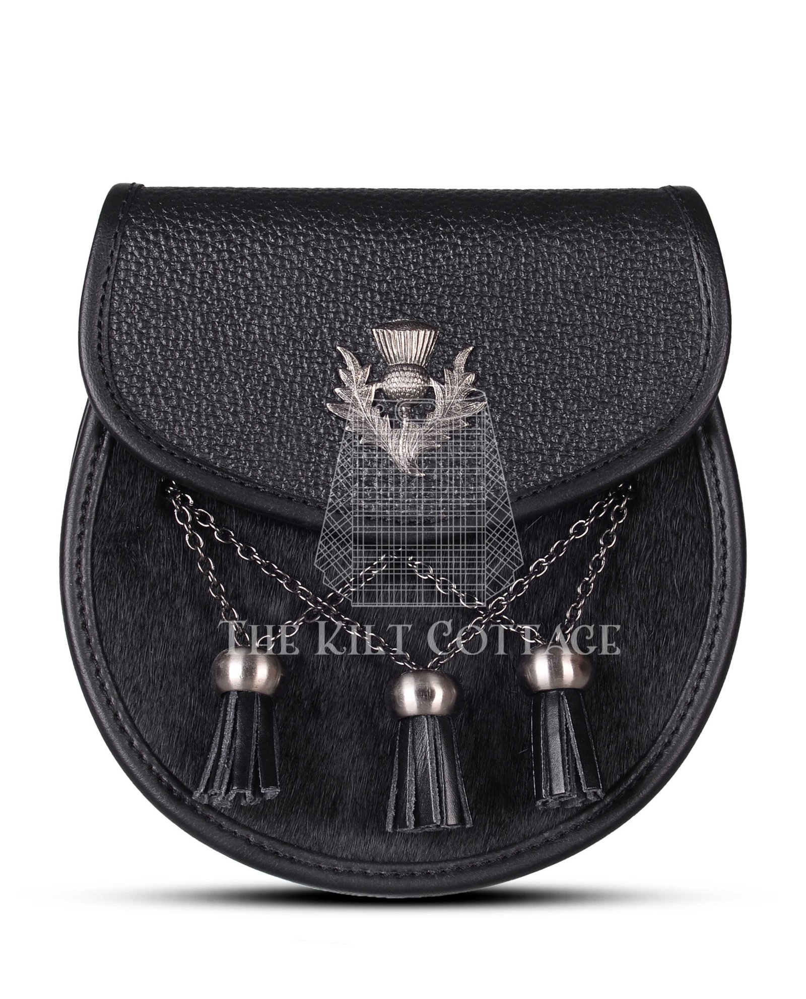 Black Leather Bovine Fur Cross Tassels Semi Dress Sporran Black Leather Bovine Fur Cross Tassels Semi Dress Sporran