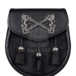 Cross Rampant Lion Emblem Black Leather Semi Dress Sporran