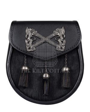 Cross Rampant Lion Emblem Black Leather Semi Dress Sporran