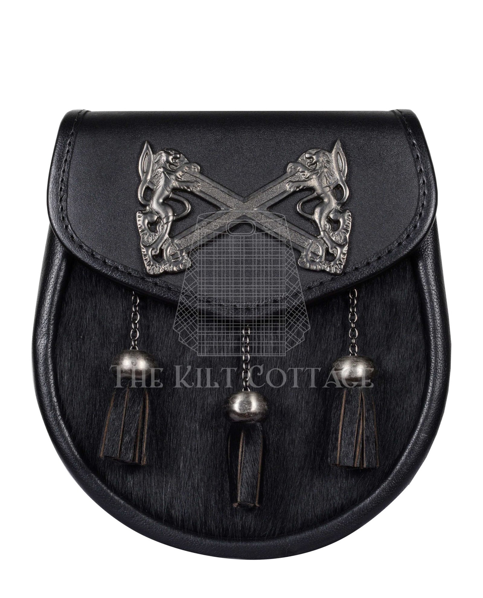 Cross Rampant Lion Emblem Black Leather Semi Dress Sporran