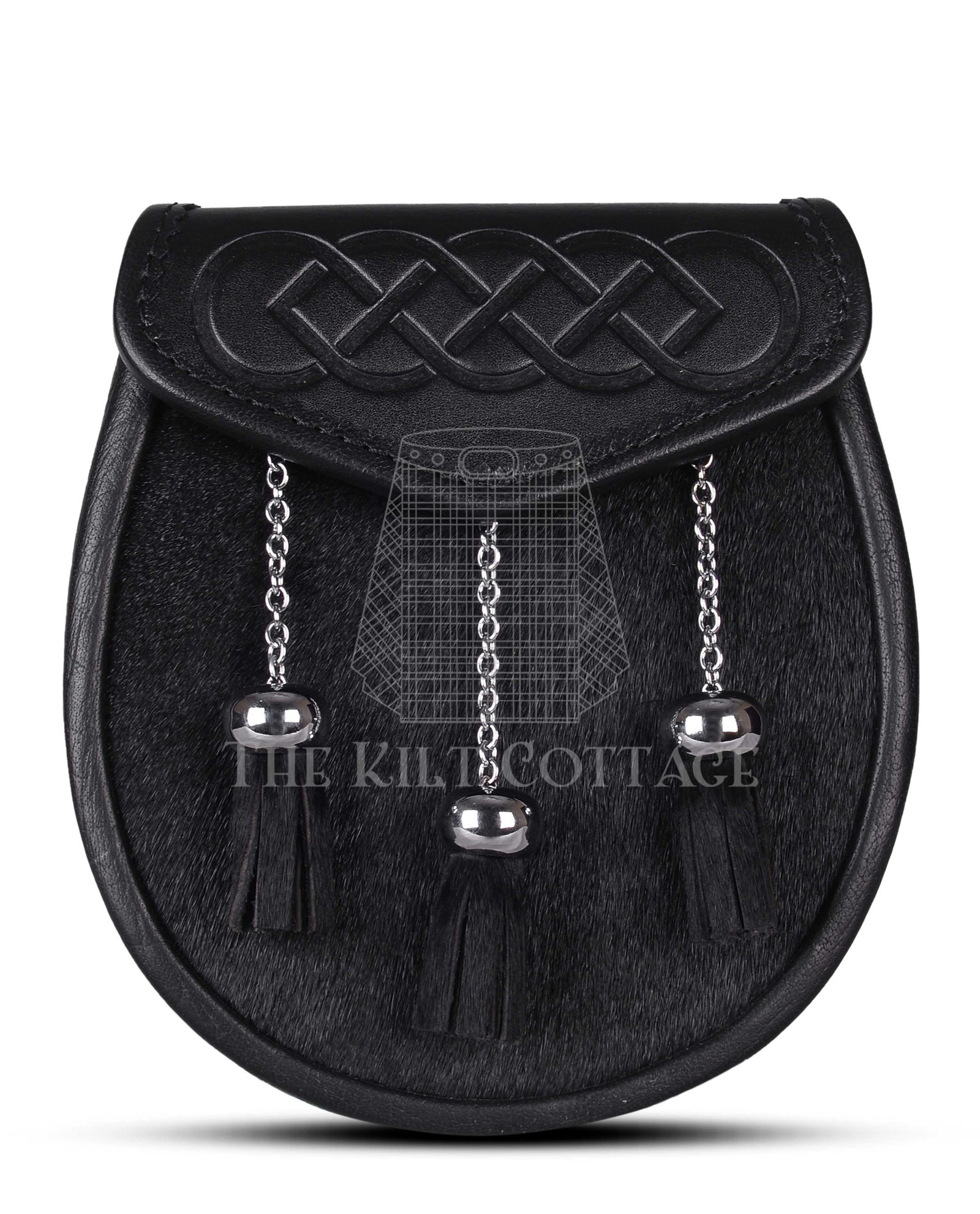 Celtic Knot Embossed Black Bovine Fur Semi Dress Sporran Celtic Knot Embossed Black Bovine Fur Semi Dress Sporran