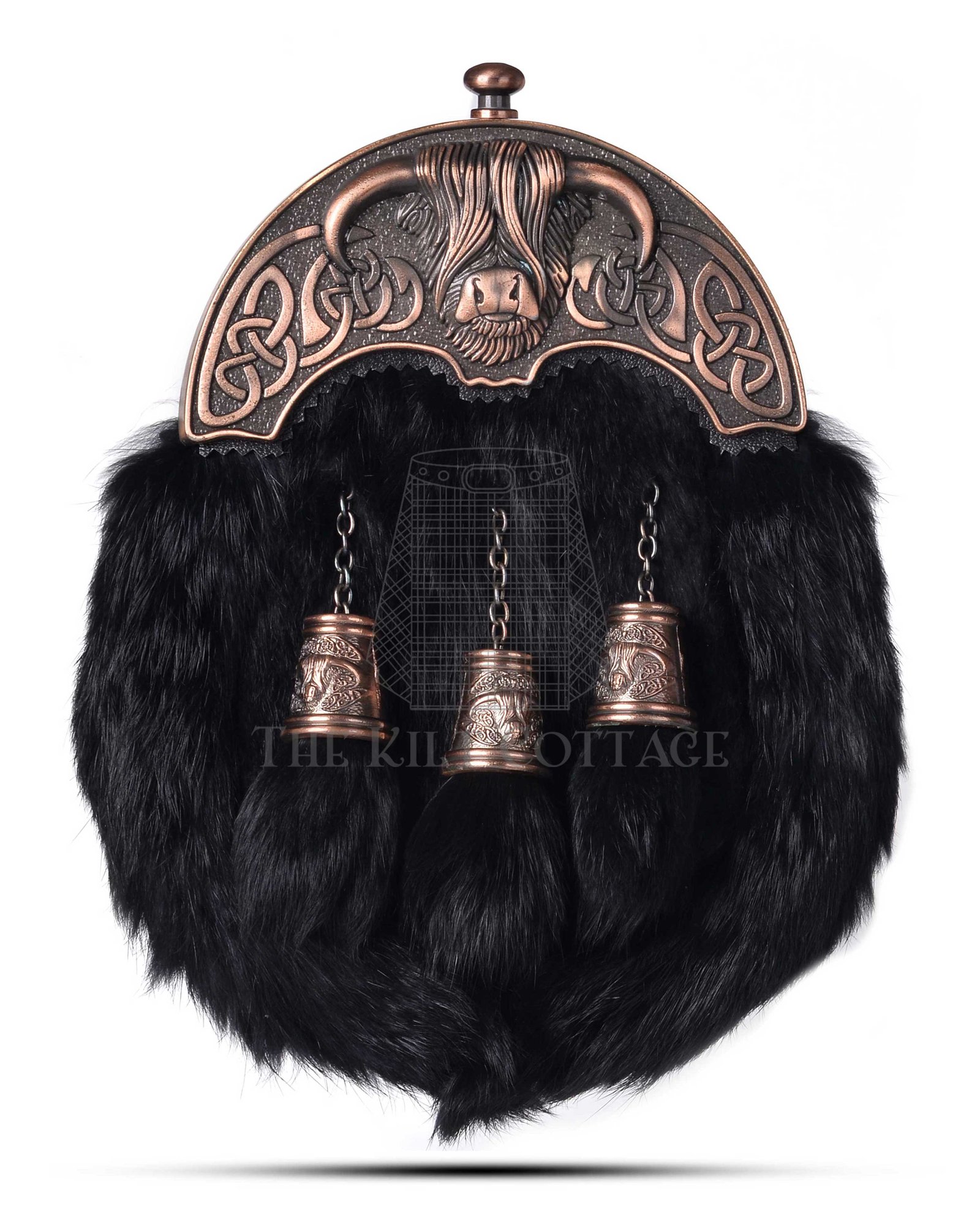 Bronze Highland Cow Black Rabbit Fur Full Dress Sporran Bronze Highland Cow Black Rabbit Fur Full Dress Sporran