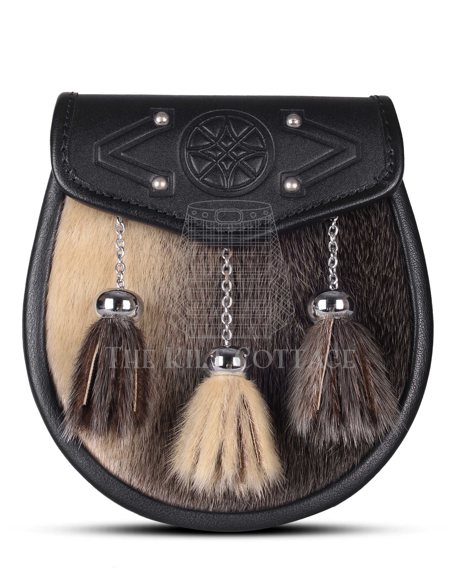 1Special Embossed Black Leather Seal Fur Semi Dress Sporran Special Embossed Black Leather Seal Fur Semi Dress Sporran