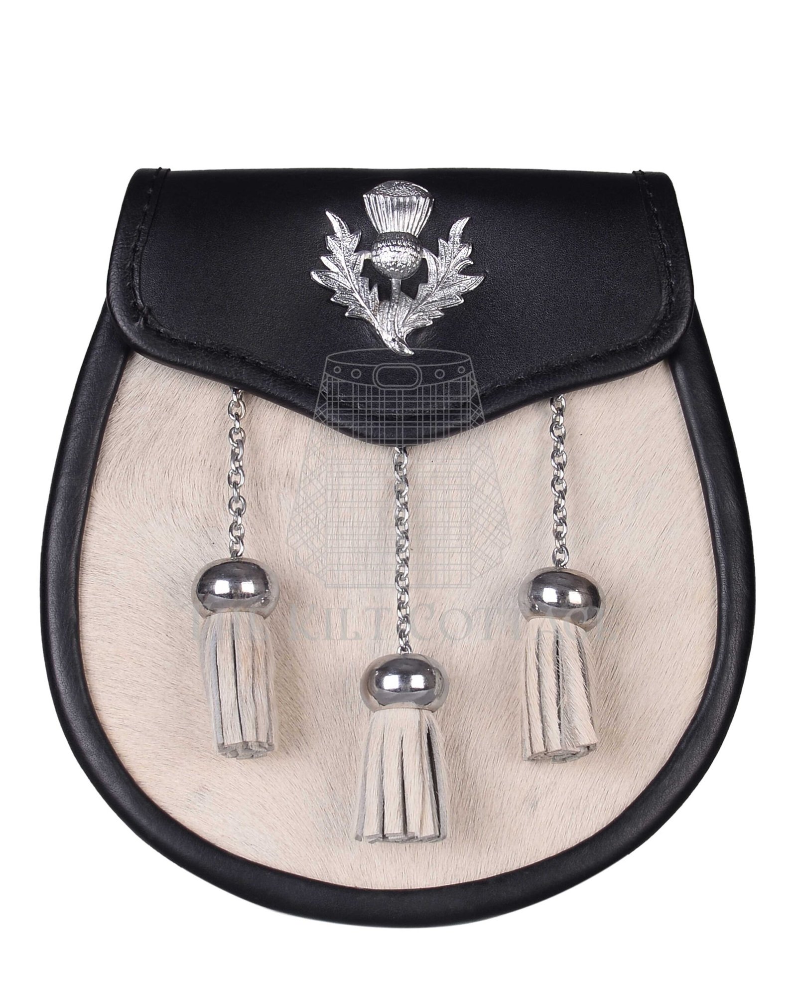Emblem Black Leather White Bovine Fur Semi Dress Sporran