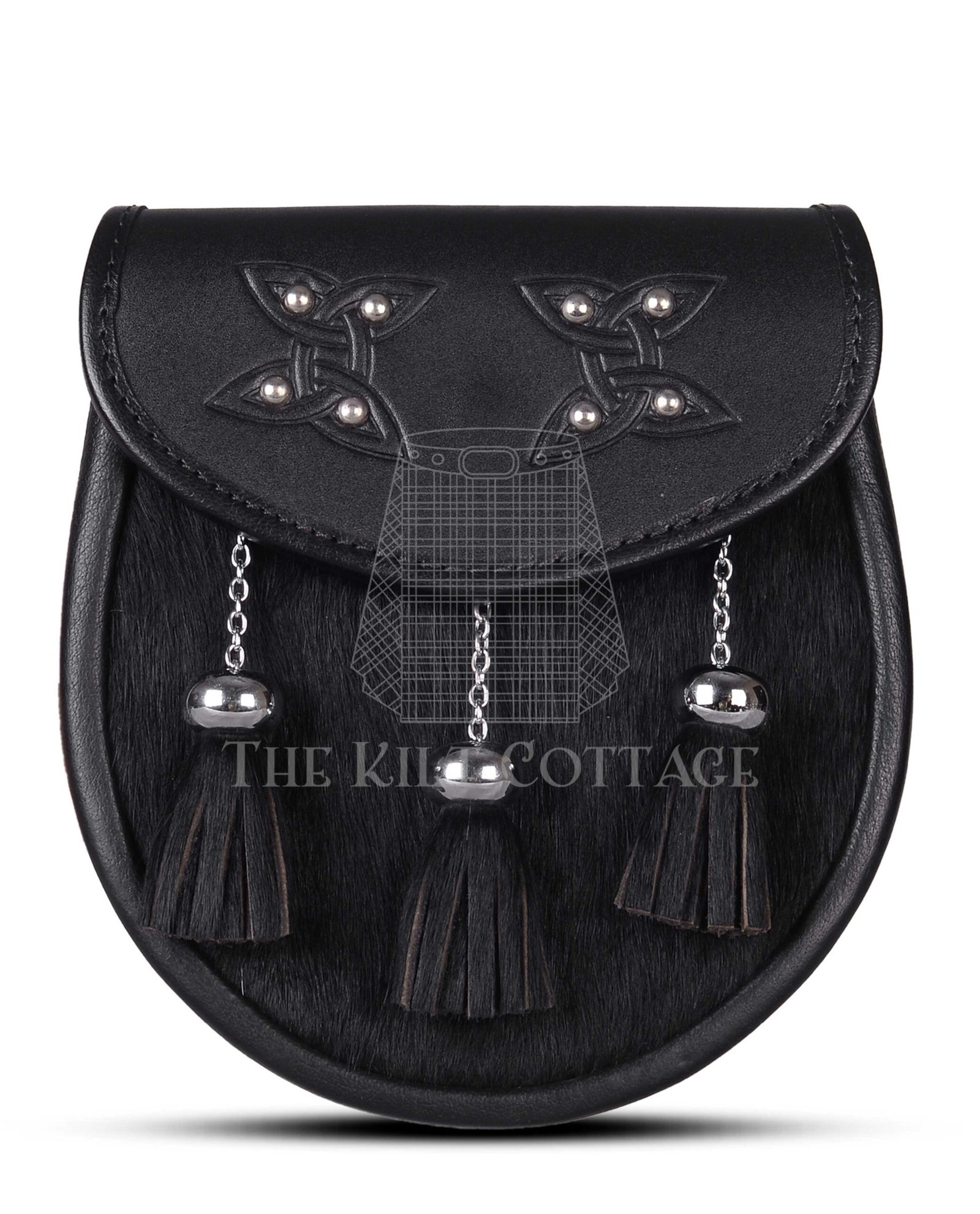 Celtic Knots Black leather Black Bovine Fur Semi Dress Sporran
