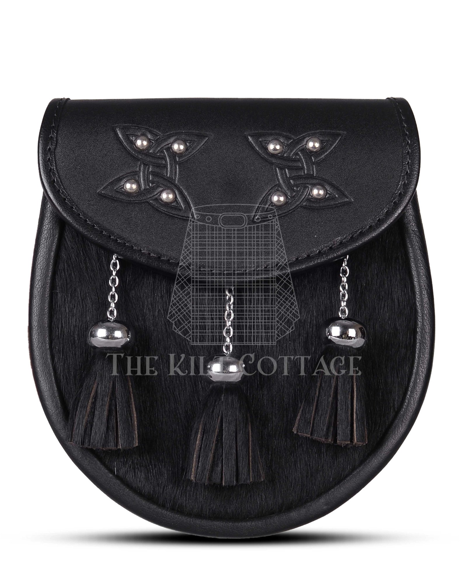 Celtic Knots Black leather Black Bovine Fur Semi Dress Sporran Celtic Knots Black leather Black Bovine Fur Semi Dress Sporran