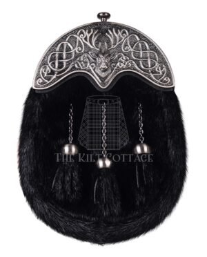 Nickle Brushed Stag Head Black Seal Fur Full Dress Sporran