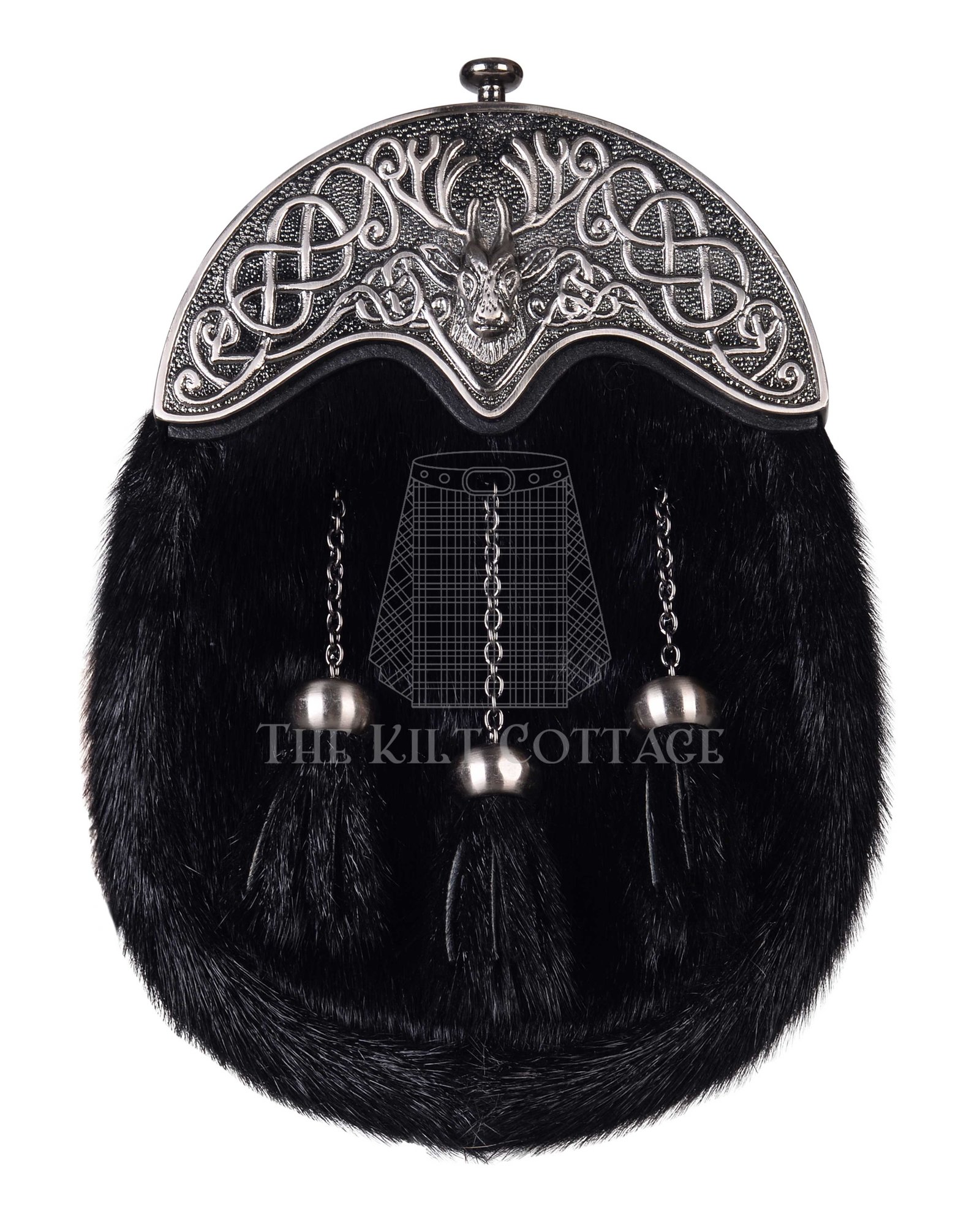 Nickle Brushed Stag Head Black Seal Fur Full Dress Sporran