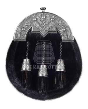 Nickel Brushed Thistle Black Seal Fur Full Dress Sporran