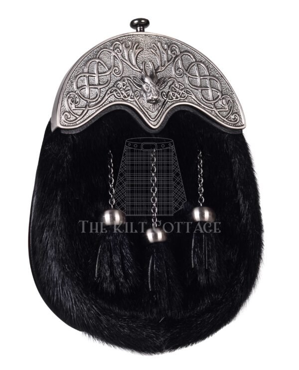 Nickle Brushed Stag Head Black Seal Fur Full Dress Sporran