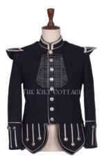 Black Melton Wool Silver Braided Scottish Military Piper Doublet