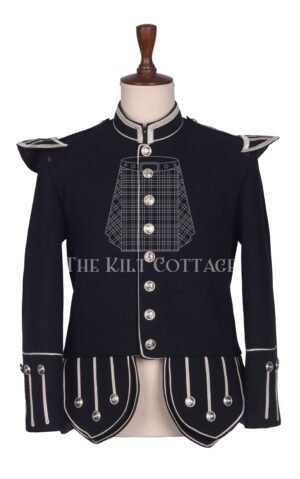 Black Melton Wool Silver Braided Scottish Military Piper Doublet