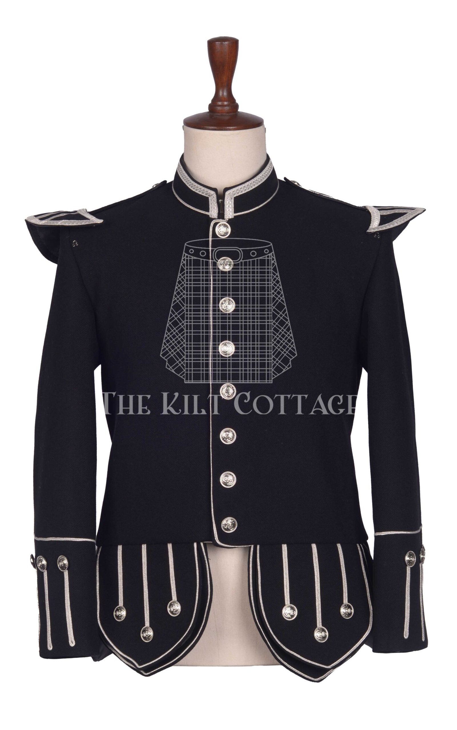 Black Melton Wool Silver Braided Scottish Military Piper Doublet