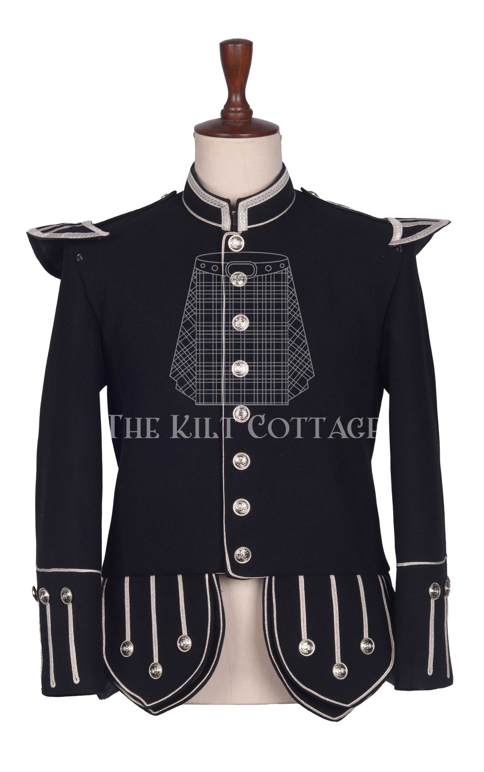 Black Melton Wool Silver Braided Scottish Military Piper Doublet