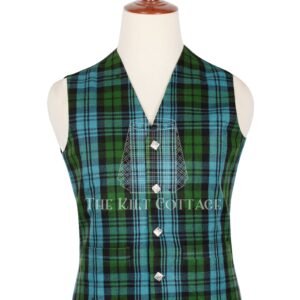 Features authentic Campbell Ancient tartan in soft green and blue tones Made from a wool-blend fabric for comfort, structure, and durability Traditional Argyll style with 5-button front, V-neck, and pointed hem Fully lined interior and adjustable back strap for a tailored fit Suitable for kilts, trews, or dress trousers