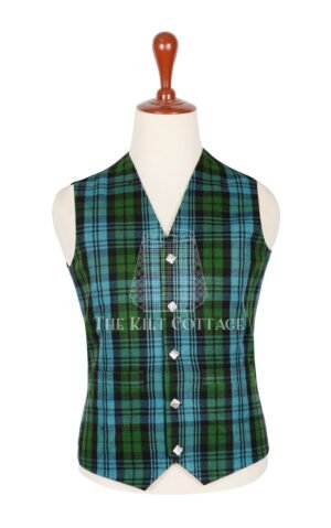Features authentic Campbell Ancient tartan in soft green and blue tones Made from a wool-blend fabric for comfort, structure, and durability Traditional Argyll style with 5-button front, V-neck, and pointed hem Fully lined interior and adjustable back strap for a tailored fit Suitable for kilts, trews, or dress trousers