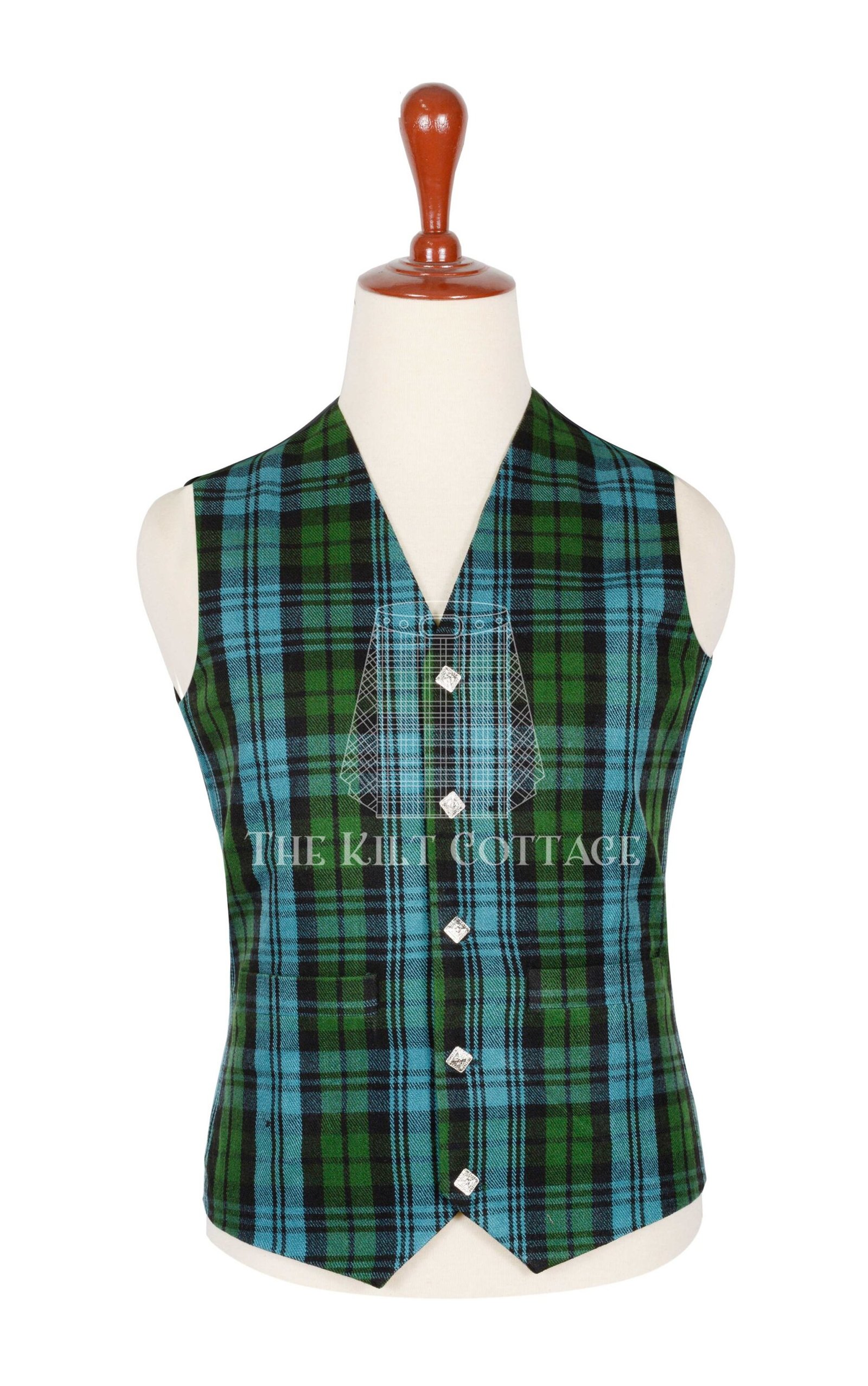 Features authentic Campbell Ancient tartan in soft green and blue tones Made from a wool-blend fabric for comfort, structure, and durability Traditional Argyll style with 5-button front, V-neck, and pointed hem Fully lined interior and adjustable back strap for a tailored fit Suitable for kilts, trews, or dress trousers