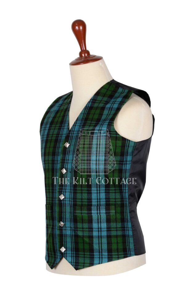 Features authentic Campbell Ancient tartan in soft green and blue tones Made from a wool-blend fabric for comfort, structure, and durability Traditional Argyll style with 5-button front, V-neck, and pointed hem Fully lined interior and adjustable back strap for a tailored fit Suitable for kilts, trews, or dress trousers