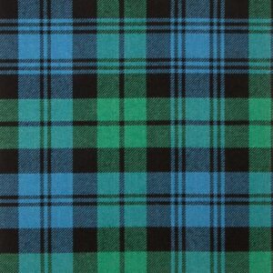 “Campbell Clan Ancient Tartan Fabric: vibrant blue & green with black overcheck in 100% wool—ideal for kilts, upholstery & traditional crafts.