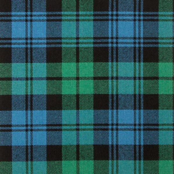 “Campbell Clan Ancient Tartan Fabric: vibrant blue & green with black overcheck in 100% wool—ideal for kilts, upholstery & traditional crafts.