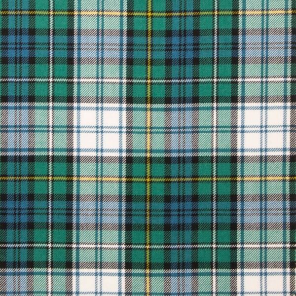 “Campbell Dress Ancient Tartan Fabric: light green & blue with black, white & yellow checks in 100% wool—perfect for kilts, crafts & décor.