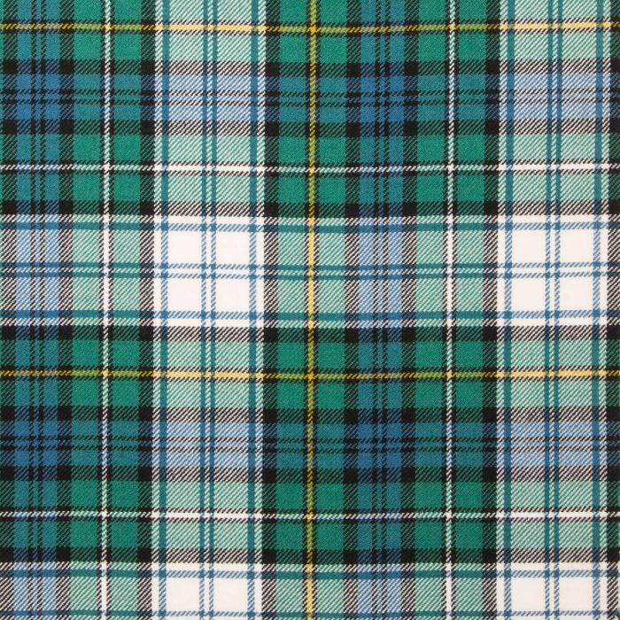 “Campbell Dress Ancient Tartan Fabric: light green & blue with black, white & yellow checks in 100% wool—perfect for kilts, crafts & décor.