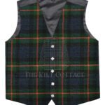 Features the rich and bold Gunn Modern tartan in green, navy, and red Made from premium wool-blend fabric for durability and comfort Argyll cut with 5-button front, V-neckline, and pointed hem Fully lined interior for comfort and structured wear Adjustable back strap for a personalized, secure fit