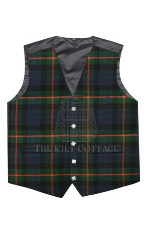 Features the rich and bold Gunn Modern tartan in green, navy, and red Made from premium wool-blend fabric for durability and comfort Argyll cut with 5-button front, V-neckline, and pointed hem Fully lined interior for comfort and structured wear Adjustable back strap for a personalized, secure fit