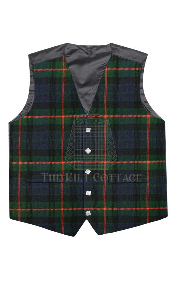 Features the rich and bold Gunn Modern tartan in green, navy, and red Made from premium wool-blend fabric for durability and comfort Argyll cut with 5-button front, V-neckline, and pointed hem Fully lined interior for comfort and structured wear Adjustable back strap for a personalized, secure fit