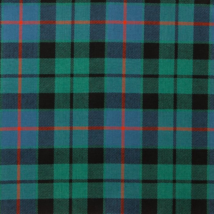 Morrison Green Ancient Tartan Fabric showcases earthy green, blue, and red tones in a traditional plaid—ideal for kilts, crafts, and décor.