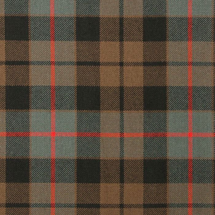 Morrison Green Weathered Tartan Fabric displays muted green, grey, and brown tones with a vintage look—ideal for kilts, crafts, and interiors.