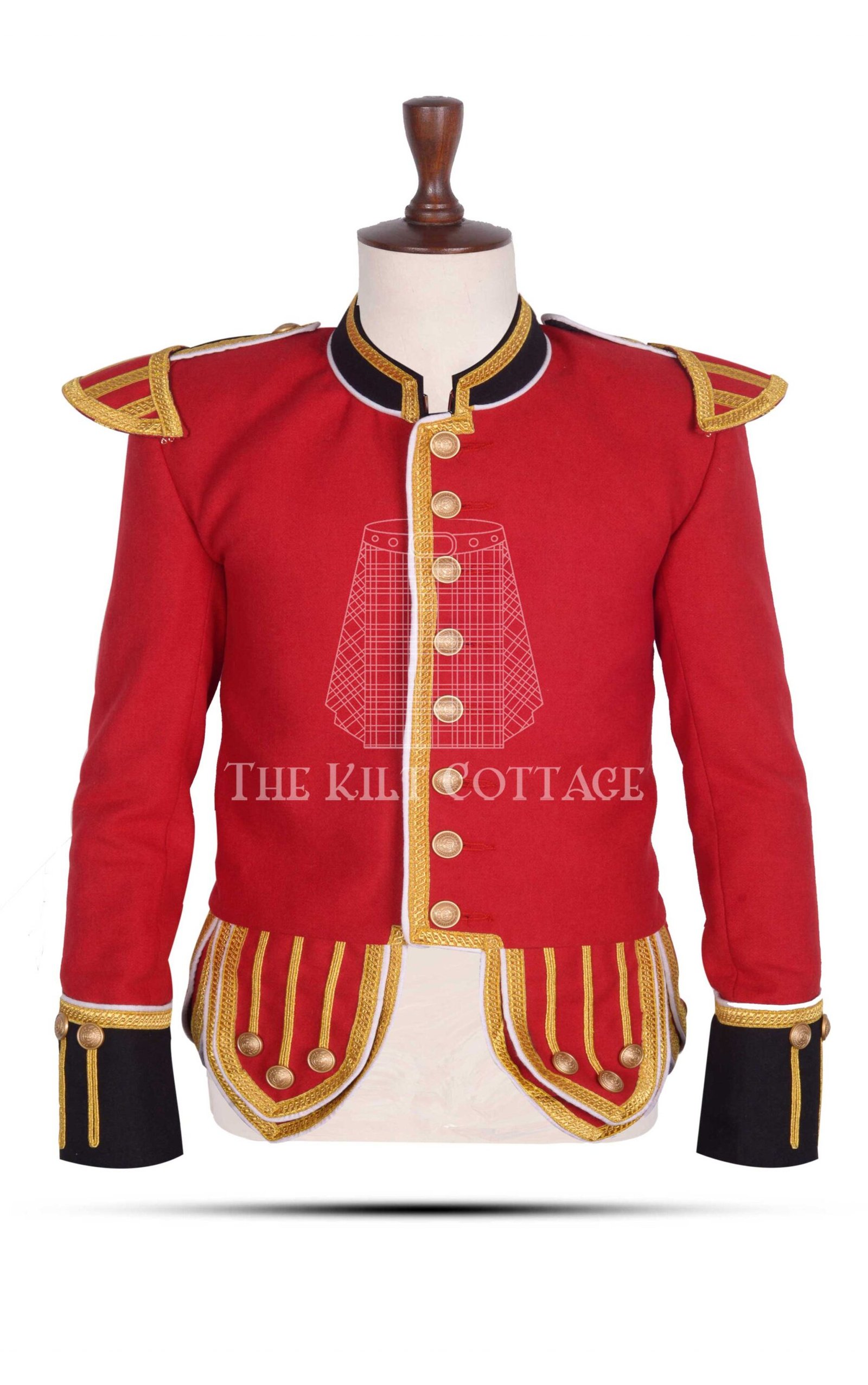 Red Gold Melton Wool Scottish Military Piper Doublet