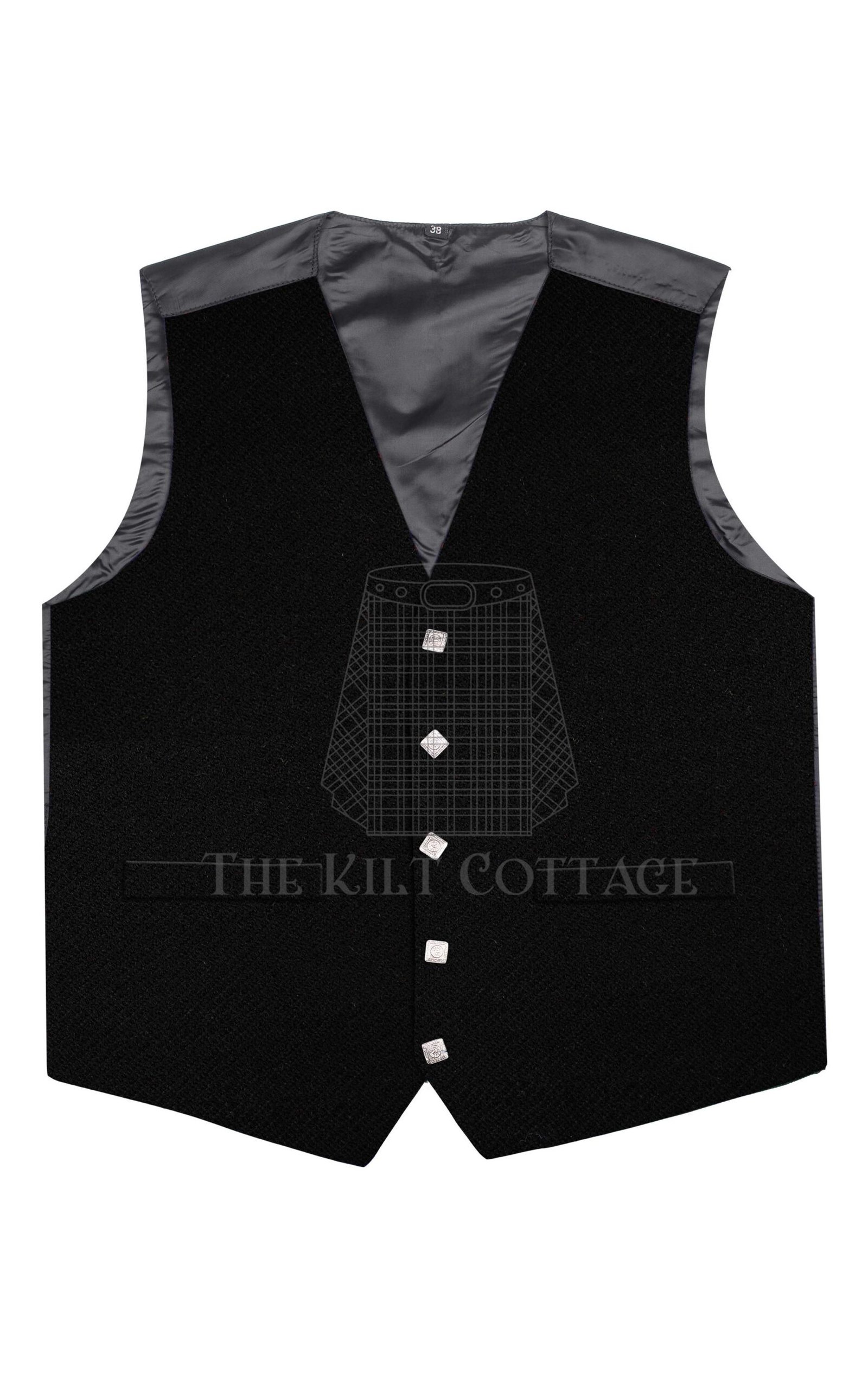 Solid Black Wool 5 Buttons Argyll Waistcoat