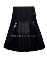 Black Cotton Gothic Leather Strap Utility Kilt