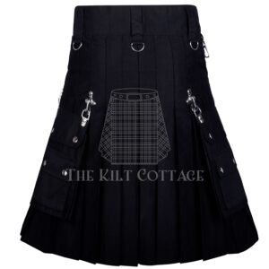 Black Cotton Gothic Leather Strap Utility Kilt