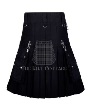 Black Cotton Gothic Leather Strap Utility Kilt