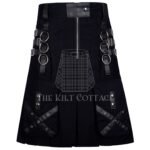 Black Cotton Gothic Leather Strap Utility Kilt