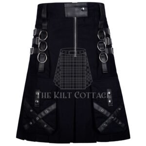 Black Cotton Gothic Leather Strap Utility Kilt