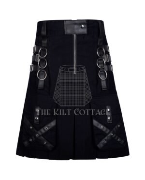 Black Cotton Gothic Leather Strap Utility Kilt
