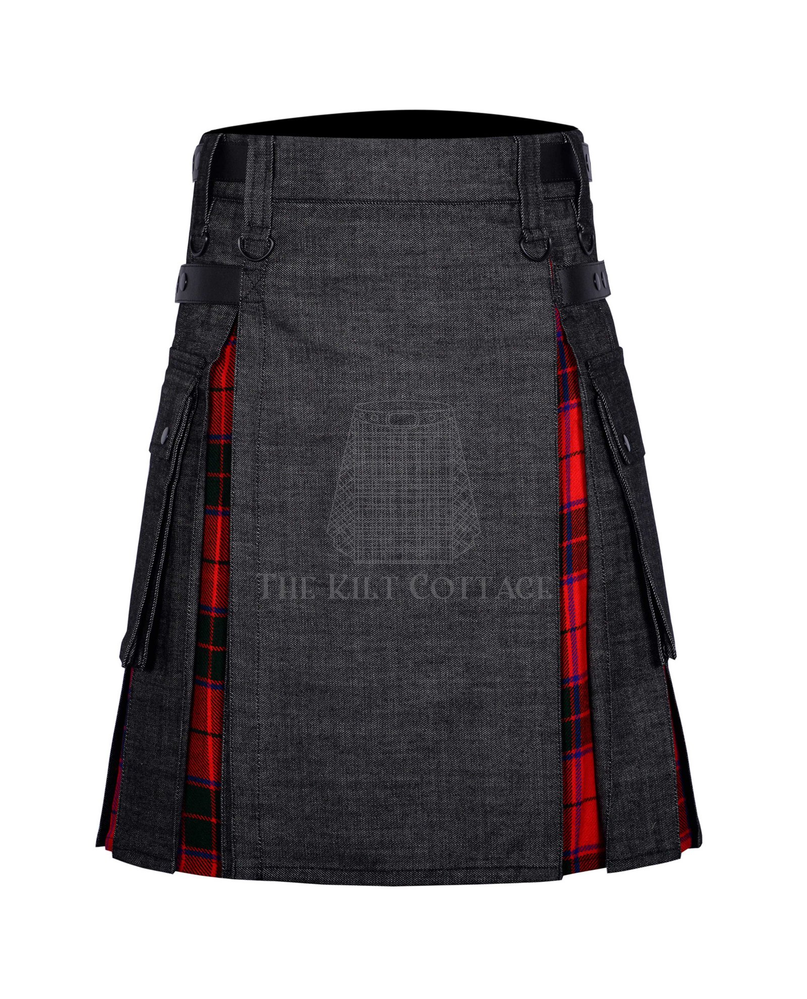 Black Denim Scottish Rose Tartan Hybrid Kilt Black Denim Scottish Rose Tartan Hybrid Kilt