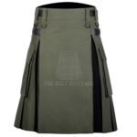 Olive Green Cotton Black Tartan Hybrid Kilt