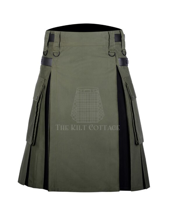 Olive Green Cotton Black Tartan Hybrid Kilt
